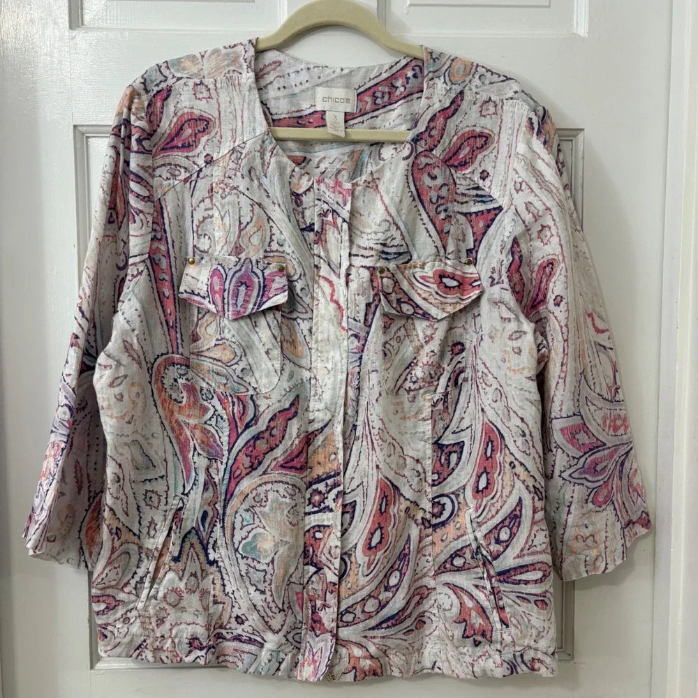 Chico's Linen Zip Up Jacket Shacket Sz 3 (XL) Boho Chic Coastal Paisley Career